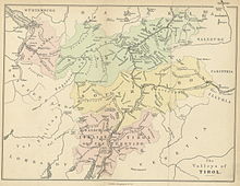 Map of The Valleys of Tirol from 1874, in which the present-day South Tyrol and East Tyrol are roughly referred to as South Tirol; the Italian-speaking part of the country appears as Wälsch- or Italian Tirol or the Trentino.