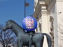 Equestrian statue of Jobst of Moravia on Moravské náměstí (Moravian Square) in Brno. The round shield of the knight was decorated with the Moravian coat of arms on 26 March 2021. Representatives of the city of Brno use it to commemorate the 2021 population, house and housing census in the Czech Republic.