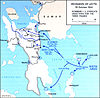 Peta taktis untuk Invasi Leyte pada 20 Oktober 1944. Divisi Infanteri ke-24 mendarat di bagian utara pulau dengan Korps X.