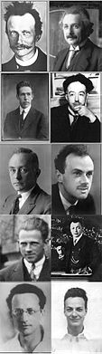 Soldan sağa: Max Planck, Albert Einstein, Niels Bohr, Louis de Broglie, Max Born, Paul Dirac, Werner Heisenberg, Wolfgang Pauli, Erwin Schrödinger, Richard Feynman.