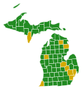 In maart 2016 won Sanders (groen) de Michigan Primaries met minder dan 2% in een "politieke ontreddering".