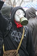 Demonstrator wearing a gas mask outside the White House in Washington, D.C. during the "We Can't Wait" protests in February 2006.