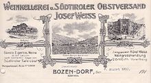 Company letterhead of the winery Josef Weiss in Bozen-Dorf, used 1913