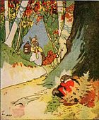 Egy kép Louise A. Field Peter Rabbit and His Ma című regényéből. Field Nyúl Pétere egészen más volt, mint Beatrix Potter első Nyúl Pétere.
