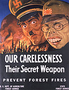 Propagande contre les incendies de forêt pendant la Seconde Guerre mondiale, avec des caricatures d'Adolf Hitler et de Hideki Tōjō.
