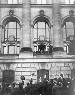 Philipp Scheidemann proclaims the Republic from the West Balcony of the Reichstag on November 9