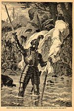 Vasco Núñez de Balboa rivendica il Mare del Sud. Incisione del 19° secolo di un artista sconosciuto