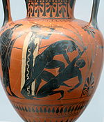 Oikeanpuoleinen nyrkkeilijä ilmoittaa luovuttavansa nostamalla sormensa korkealle (n. 500 eaa.).