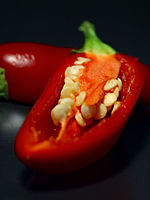 Red chilli pepper, cut open