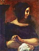 Zand naaien. Portret door Delacroix, 1838. Oorspronkelijk deel van schilderij waarop zowel Sand als Chopin te zien zijn.  