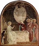 Een fresco (muurschildering) van de verrijzenis van Fra Angelico op Florence, Italië
