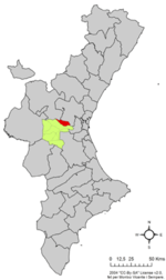 Lokalita Cheste (červená) do Valencijského společenství. Zeleně je vyznačena oblast comarca (Hoya de Buñol).  