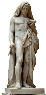 Een standbeeld van Cato de Jongere. Het Louvre Museum, op het punt zichzelf van het leven te beroven terwijl hij de Phaedo leest, een dialoog van Plato waarin de dood van Socrates wordt beschreven. Jean-Baptiste Roman (Parijs, 1792-1835), afgewerkt door François Rude (1784-1855)