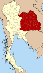 Um mapa mostrando a Região Isan em vermelho. A região é um reduto da língua. A Thailland é mostrada em amarelo.