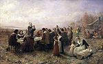 Obraz zobrazující oslavu Dne díkůvzdání, který se v USA slaví čtvrtý čtvrtek v listopadu.