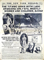 Sanomalehtiraportti RMS Titanicin uppoamisesta 15. huhtikuuta 1912.  