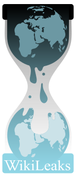 O logotipo do WikiLeaks. Ele mostra um pouco de água vazando de uma Terra (em cima), caindo em outra Terra (em baixo)