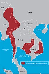 Geneesmiddelenresistente malaria Malaria ontwikkelt resistentie tegen anti-malariamedicijnen. De kaart toont gebieden in Zuidoost-Azië waar het geneesmiddel Mefloquine niet langer werkt.  