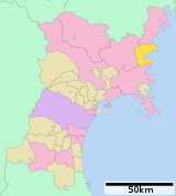 Minamisanriku (sárga színnel) Mijagi prefektúrában