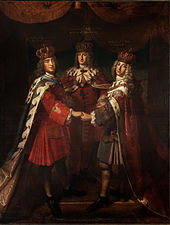 Epiphany meeting: Frederick I of Prussia (centre), August II. (the Strong), Elector of Saxony and temporarily King of Poland (left), Frederick IV of Denmark (right). Painting by Samuel Theodor Gericke, on view in Caputh Castle