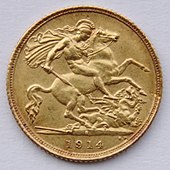 Sydneyn rahapajan vuoden 1914 puolikruunu: Pyhän Yrjön ja lohikäärmeen kuvaa käytettiin usein brittiläisissä kolikoissa.  
