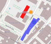 Kaart van het gebied van de explosie. Rood gebouw: Overheidsgebouw. Oranje gebied: Positie van een vernielde auto. Blauw gebouw: Gebouw van het Ministerie van Olie.