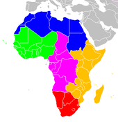 Regions of Africa: "" North Africa "" West Africa "" Central Africa "" East Africa "" Southern Africa