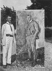 Edvard Munch with the portrait of Jappe Nilssen, 1909, painting by Aksel Waldemar Johannessen