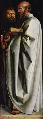 Apostles Paul (right with book, sword and half bald head) and Mark. One of the two panels of the diptych The Four Apostles by Albrecht Dürer 1526.
