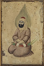 A depiction of Ali with the "backbone sword" (Ḏū l-faqār) resting on his knees. He is the "foundation" (asās) of all the Imam lineages of the Ismailis.