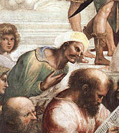 Averroes, detailní záběr na Rafaelovu fresku Athénská škola.