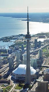CN Tower, Rogers Centre and the Gardiner Expressway, looking west