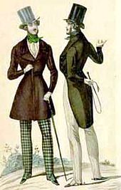 Twee dandies in Parijs in de jaren 1830. De man links draagt een jurk, Brummell zou die met een hoge kraag hebben gedragen. De man rechts draagt een ochtendjas...