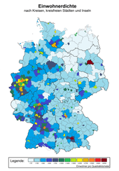 Map of population density at the level of districts and independent cities, the cities of Bremen and Bremerhaven and the islands in the North Sea and Baltic Sea, in Germany in 2018