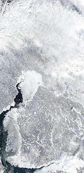 Satellite image from February 19, 2003, clearly showing the pack ice of the Baltic Sea
