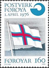 The Faroe Islands have had their own stamps since 1976, and this one was designed by the artist Zacharias Heinesen and shows the flag of the Faroe Islands.