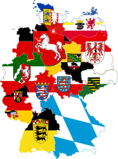 Germany with its federal states, depicted with national colours and coat of arms