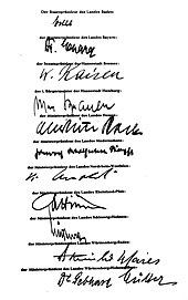 Ratification signatures of the Minister Presidents of the German Länder for the adoption of the Basic Law