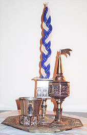 Hawdala candle with kiddush cup and besamim box