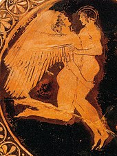 Ο Ζέφυρος, θεός του δυτικού ανέμου, που κρατά τον Υάκινθο. Σχέδιο σε κεραμικό κύπελλο πόσης από την Αττική (περ. 480 π.Χ.).