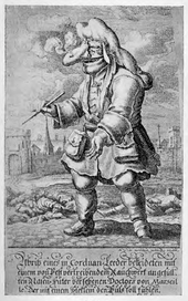 Johann Melchior Füsslis gravyr av en pestläkare i Marseille. Hans näsväska är fylld med rökmaterial för att hålla pesten borta. Gravyren gjordes omkring 1721.  