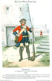 Saxon Musketeer of the Regiment on Foot Count Flemming. 1711, Colour lithograph by Richard Knötel, end of the 19th century.