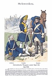 From left to right: Illustration of a Swedish artilleryman, grenadier and dragoon around 1700. Colour lithograph by Richard Knötel, end of the 19th century