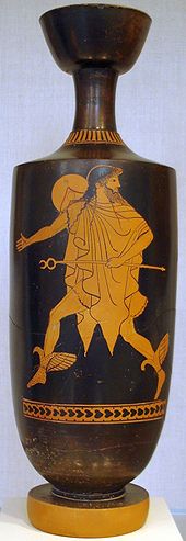 Hermes with winged shoes and staff, Attic lekythos, 5th century BC.