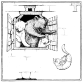Uma ilustração de More English Fairy Tales (1894) mostra o Scrapefoot (uma raposa) caindo de uma janela.