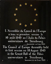 Plaque in the assembly hall of the main building of the University of Strasbourg commemorating the first meeting of the Council of Europe in 1949