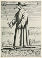 Een gravure uit 1656 van Dr. Schnabel ("Snavel") uit Rome. Hij draagt beschermende kleding die pestartsen in Rome destijds gewoonlijk droegen.  