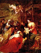彼得-保罗-鲁本斯的《麦琪的崇拜》（1634）。这幅画展示了三贤士拜访婴儿耶稣的情景。这幅画挂在剑桥大学国王学院礼拜堂的祭坛后面。