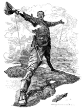 The Rhodes Colossus , cartoon by Edward Linley Sambourne on the Cape Cairo Plan by Cecil Rhodes in Punch, 1892.