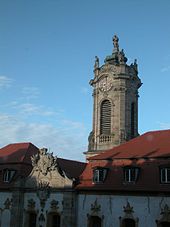 Bell tower of the castle church of the baroque residence of the land commander of Franconia in Ellingen